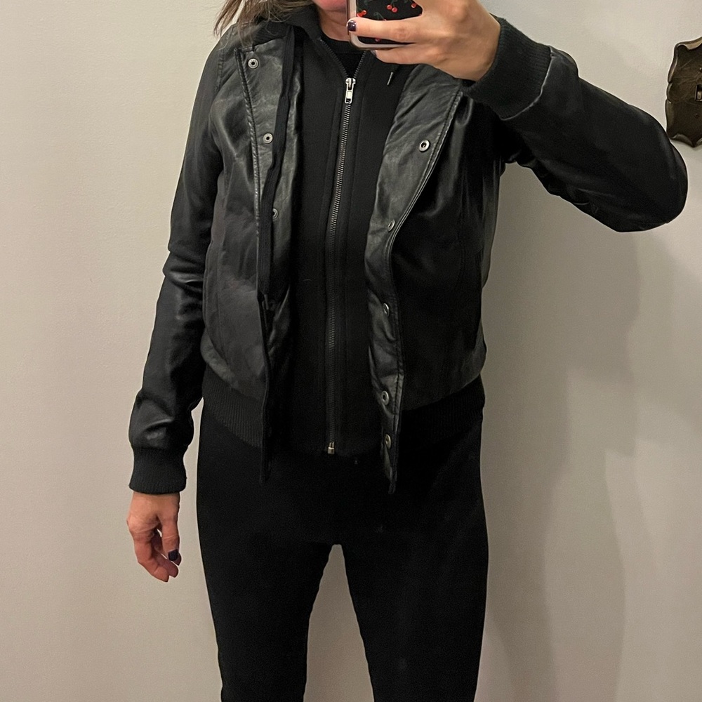Thread & Supply Faux leather jacket with attached hoodie